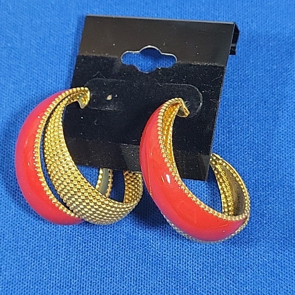 Vintage‎ 80s Statement Earrings Red Enamel Gold-Tone Oversized Huggie Hoops